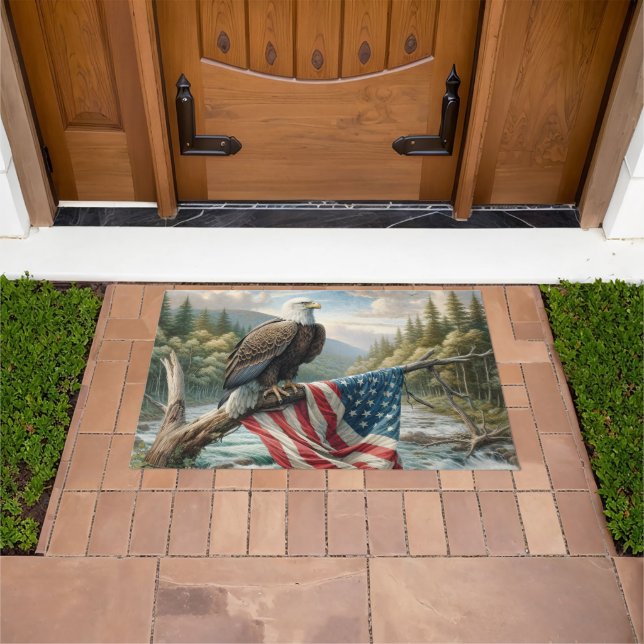 Bald Eagle With American Flag On Tree Branch Doormat (Outdoor)