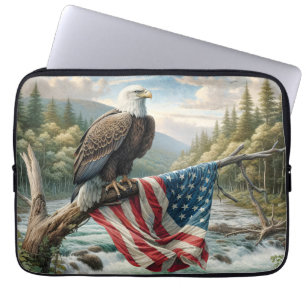 Bald Eagle With American Flag On Tree Branch Laptop Sleeve