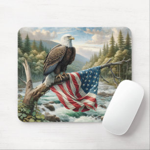 Bald Eagle With American Flag On Tree Branch Mouse Pad