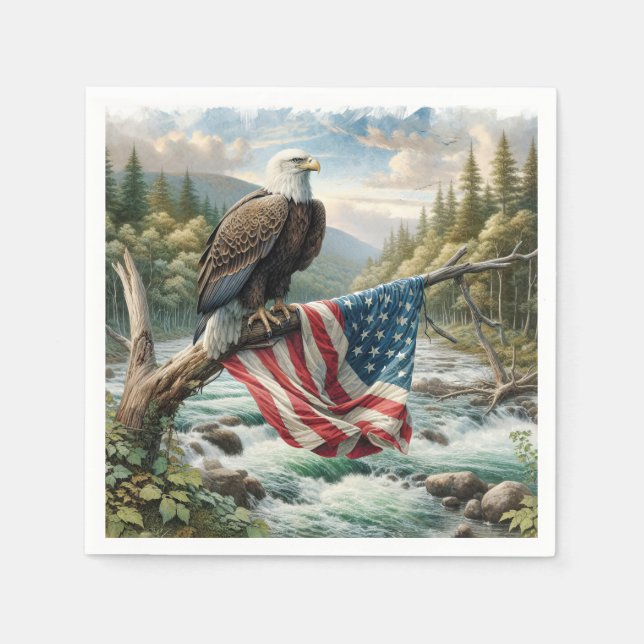 Bald Eagle With American Flag On Tree Branch Napkin (Front)
