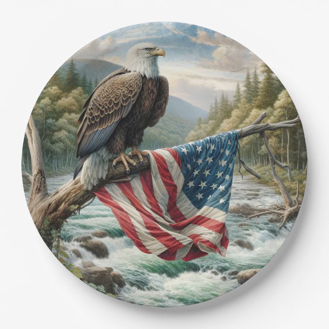 Bald Eagle With American Flag On Tree Branch Paper Plate (Front)