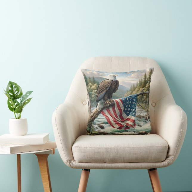 Bald Eagle With American Flag On Tree Branch Throw Pillow (Chair)