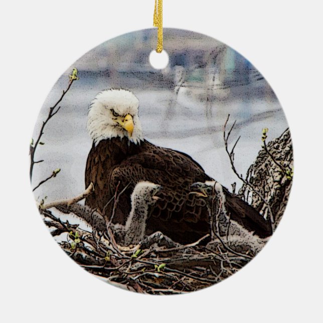 Bald Eagle with eaglets Ceramic Ornament (Back)