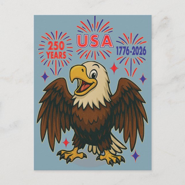 Bald Eagle with Fireworks– USA 250 Years 1776-2026 Postcard (Front)
