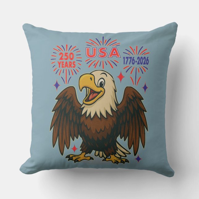 Bald Eagle with Fireworks– USA 250 Years 1776-2026 Throw Pillow (Front)