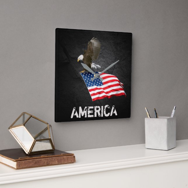 Bald Eagle with Flag On Black Square Wall Clock (Office)