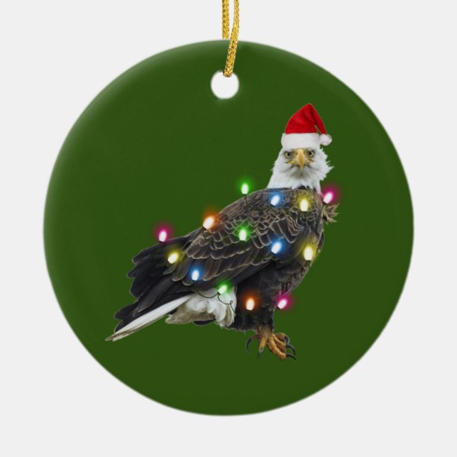 Bald Eagle With Hat Lights Christmas Ceramic Ornament (Front)
