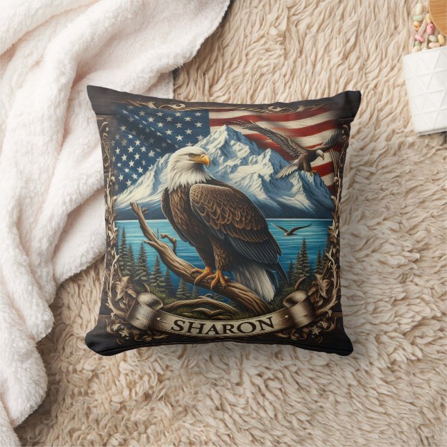 Bald Eagle With Mountains and Flag Throw Pillow (Blanket)
