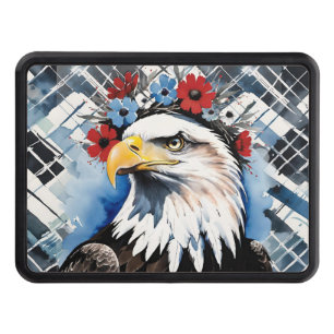 Bald Eagle with Red White and Blue Flower Crown Trailer Hitch Cover