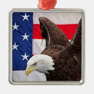 Bald Eagle with the American Flag Metal Ornament