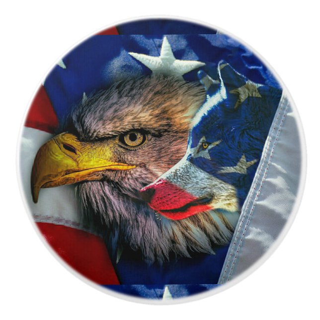 Bald Eagle Wolf American Flag Ceramic Knob (Front)
