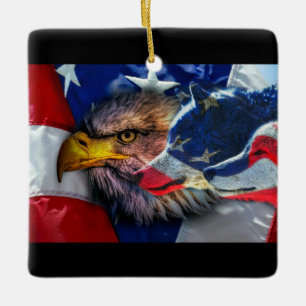 Bald Eagle Wolf American Flag Ceramic Ornament