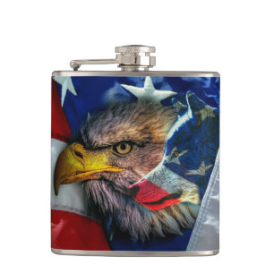 Bald Eagle Wolf American Flag Hip Flask