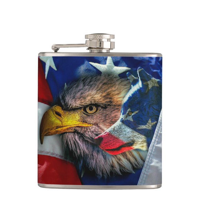 Bald Eagle Wolf American Flag Hip Flask (Front)