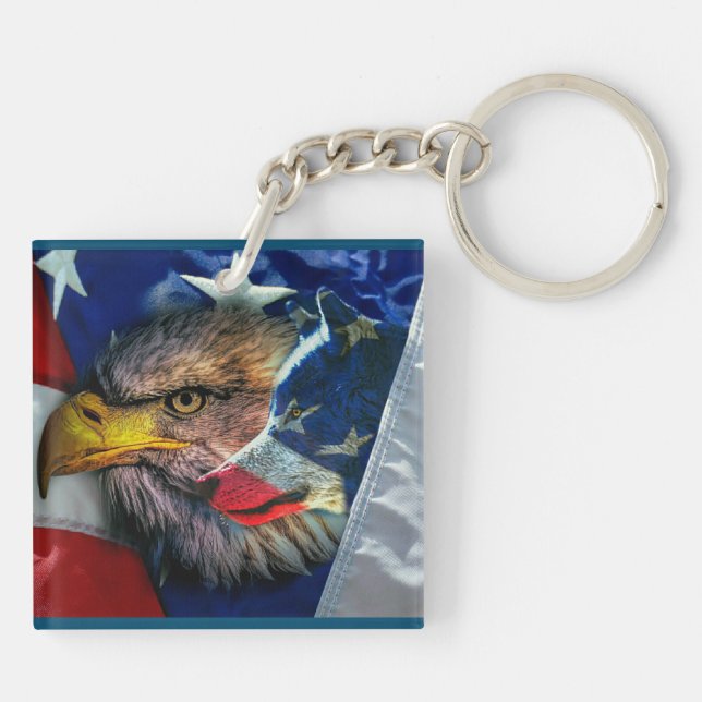 Bald Eagle Wolf American Flag Keychain (Back)
