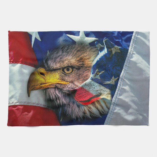 Bald Eagle Wolf American Flag Kitchen Towel (Horizontal)