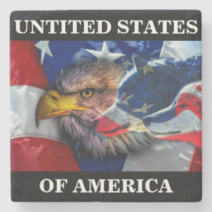 Bald Eagle Wolf American Flag Stone Coaster