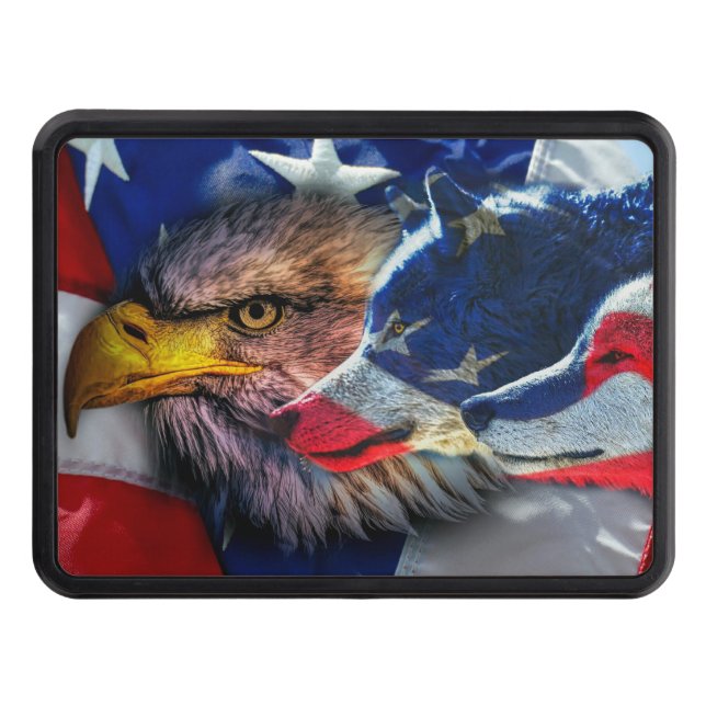 Bald Eagle Wolf American Flag Trailer Hitch Cover (Front)