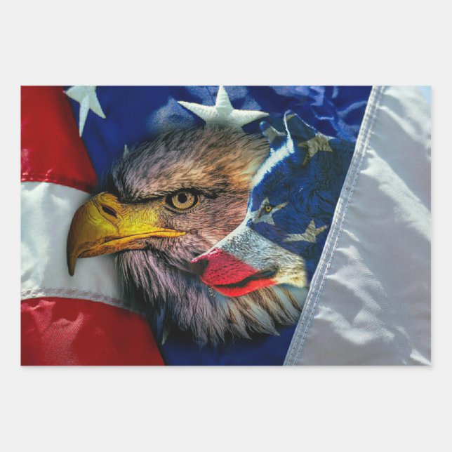 Bald Eagle Wolf American Flag Wrapping Paper Sheet (Front)