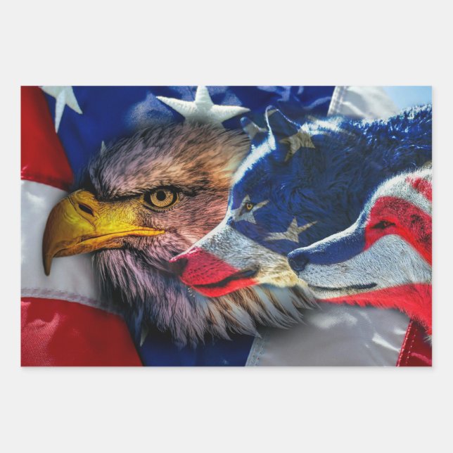 Bald Eagle Wolf American Flag Wrapping Paper Sheet (Front)