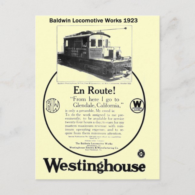 Baldwin-Westinghouse Locomotive 1923 Postcard (Front)