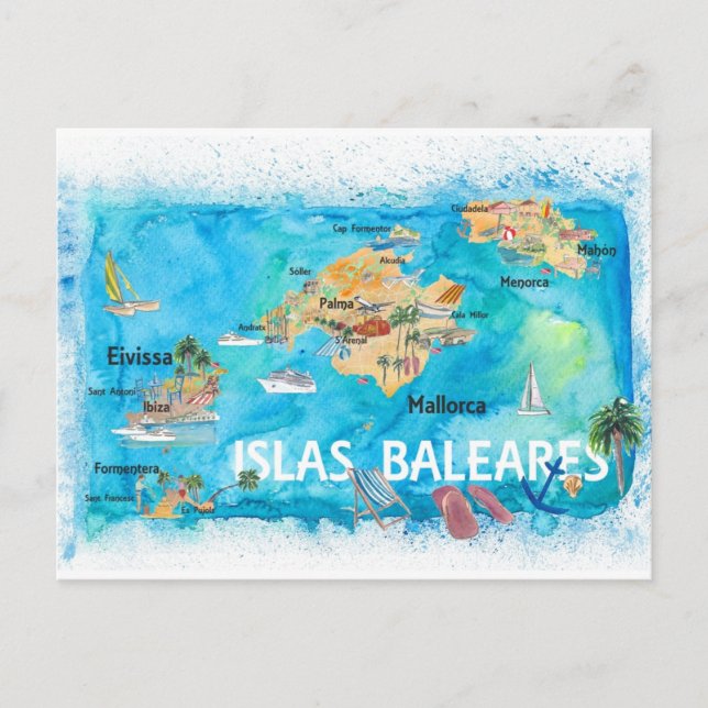 Balearic Islands Illustrated Travel Map  Postcard (Front)