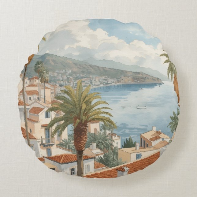Balearic Islands Vintage French Travel Round Pillow (Front)