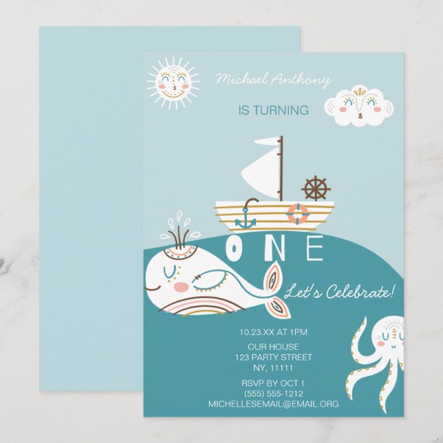 Baleine Bleue Invitation pour le premier anniversa (Devant / Derrière)