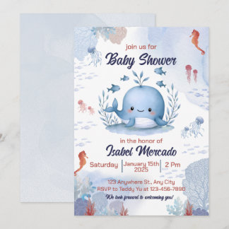 baleine bleue sous baby shower marin invitation