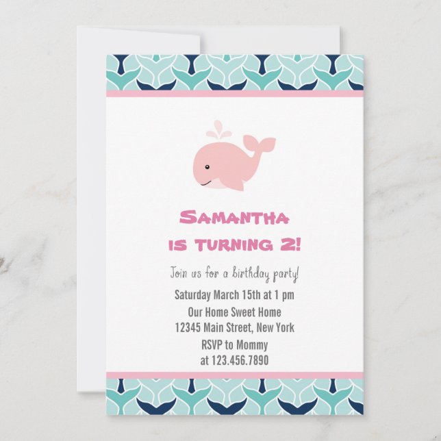 Baleine rose Invitation de fête d'anniversaire (Devant)