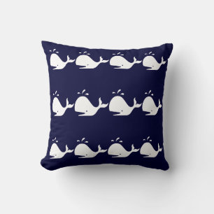 Baleines rayées BLANC sur COUSSIN BLEU MARINE