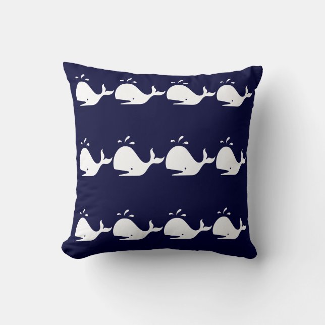 Baleines rayées BLANC sur COUSSIN BLEU MARINE (Recto)