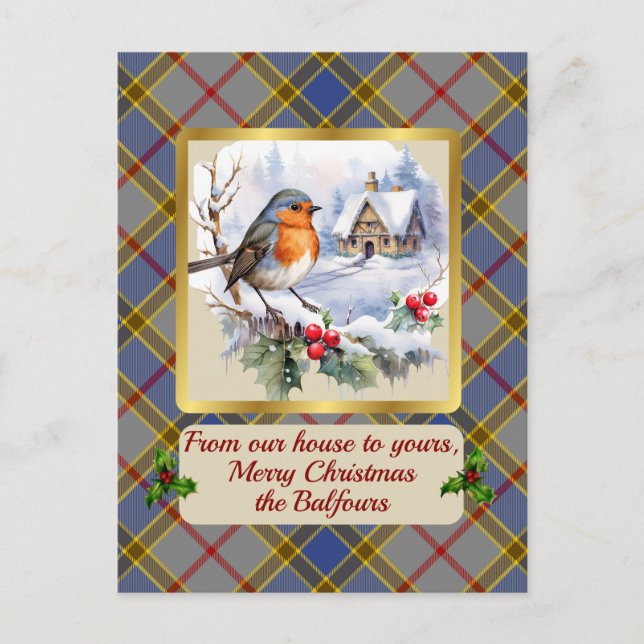 Balfour Crest & Tartan w/Robin Personalized  Holiday Postcard (Front)