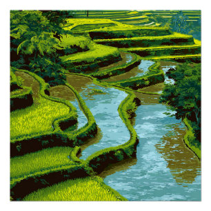 Bali Indonesia Green Rice Terraces Vintage Travel  Poster
