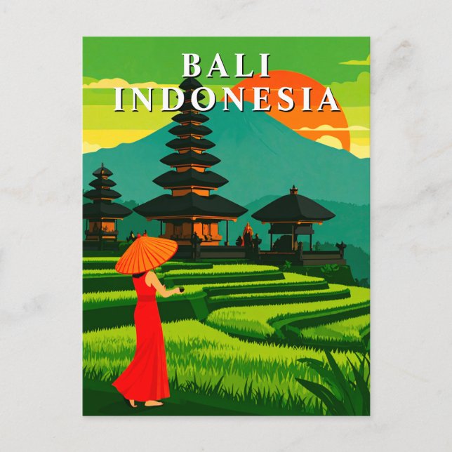 Bali Indonesia Sunset Temple Rice Fields Postcard (Front)