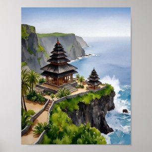 Bali Indonesia Uluwatu Temple Watercolor Poster