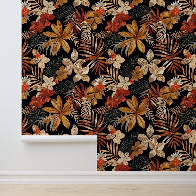 Bali style exotic flowers leaves luxury dark colou wallpaper (Application)