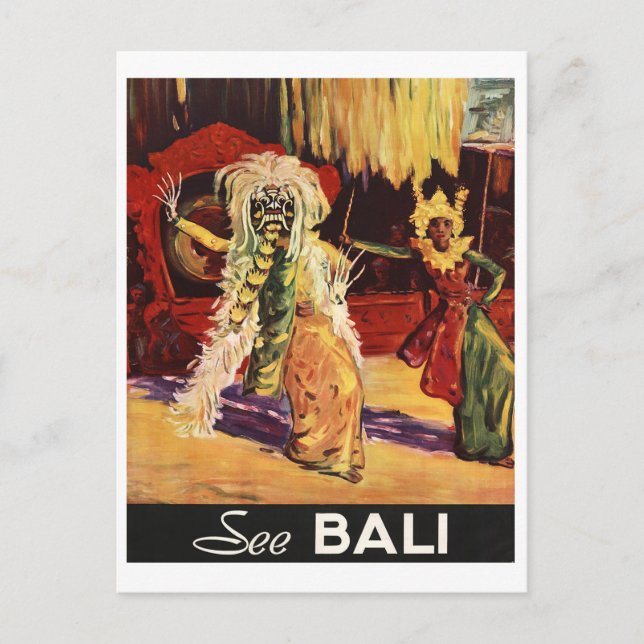 Bali, traditional mask, dance, vintage travel postcard (Front)