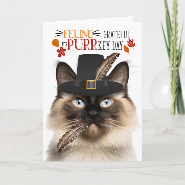 Balinese Cat Feline Grateful for PURRkey Day Holiday Card (Front)