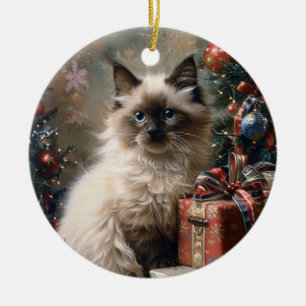 Balinese Kitten Christmas Cat Portrait Art Ceramic Ornament