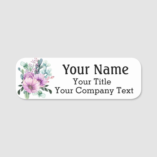 Balise de nom avec fleurs violettes Badge de texte (Devant)