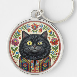 Balkan Folk Art Black Cat Keychain