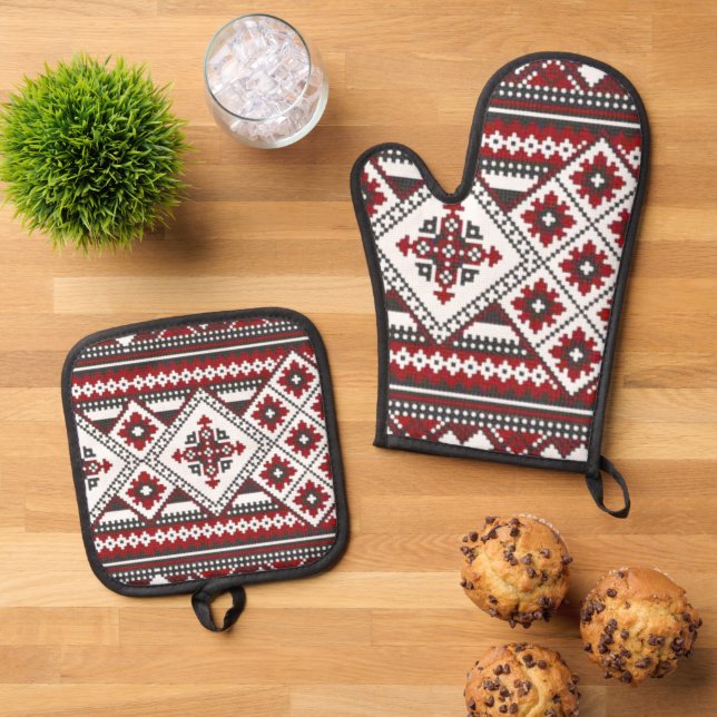 Balkan Folklore Oven Mitt Set Slavic Geometric  (Top Down)