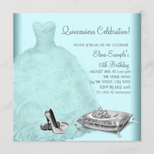 Ball Gown High Heel Shoes Teal Blue Quinceanera Invitation