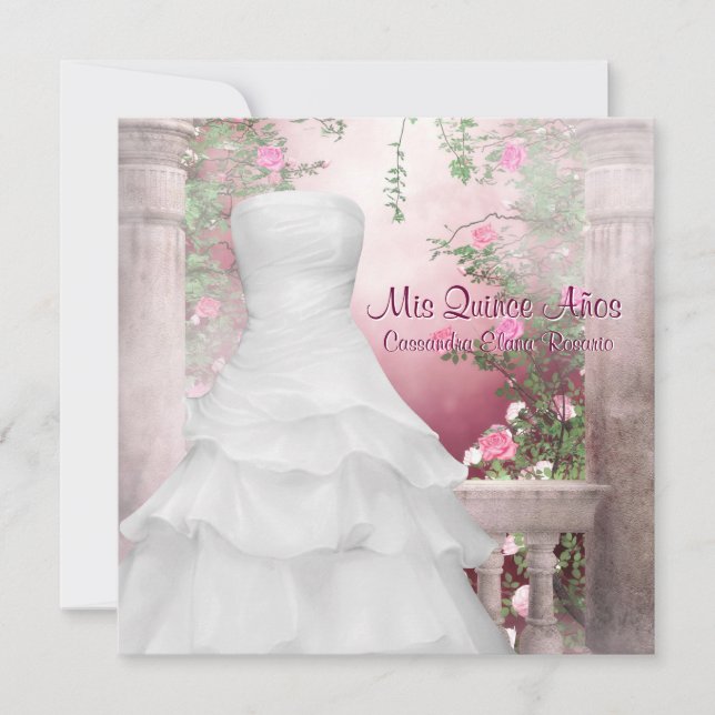 Ball Gown Pink Rose Quinceanera Invitation (Front)