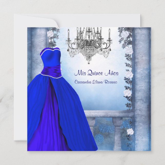 Ball Gown Royal Navy Blue Rose Quinceanera Invitation (Front)