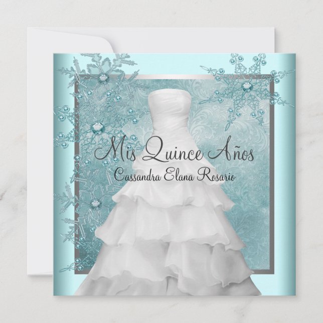 Ball Gown Teal Blue Winter Snowflakes Quinceanera Invitation (Front)
