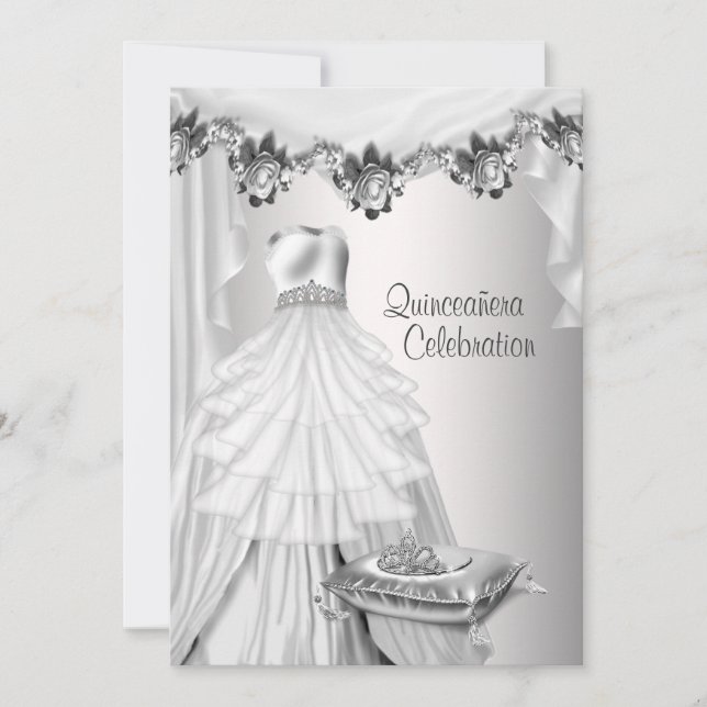 Ball Gown Tiara White Roses Princess Quinceanera Invitation (Front)