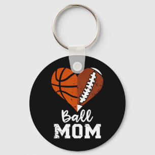 Ball Mom Heart Fun Football Basketball Mom Keychain