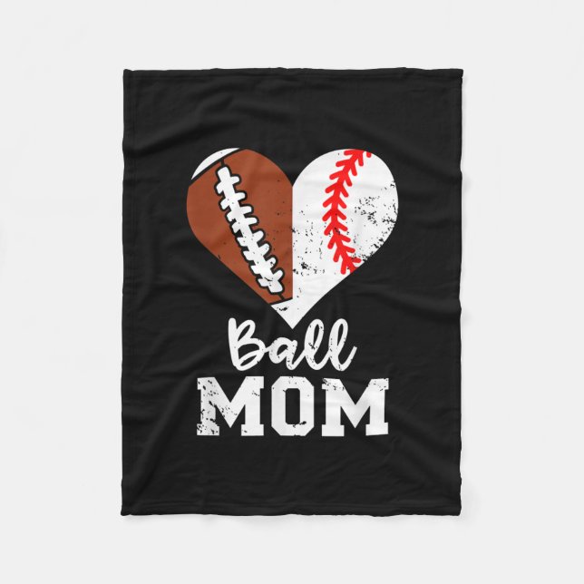 Ball Mom Heart Funny Football Baseball Mom Fleece Blanket (Front)